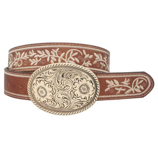 Cognac vegan leather Western belt with ivory floral embroidery and silver oval engraved buckle – rustic cowboy style accessory