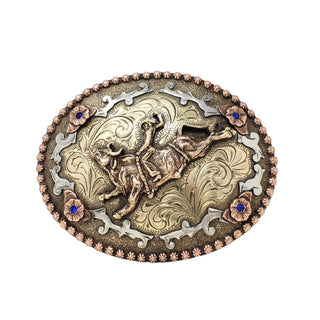 Decorative belt buckle with a horse and rider design with blue rhinestone