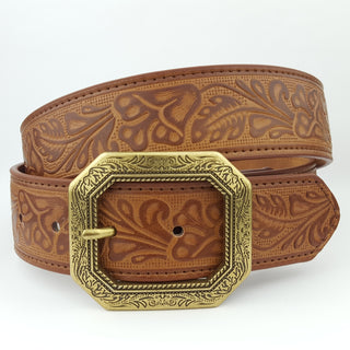 Western Floral Embossed Belt with Gold Buckle