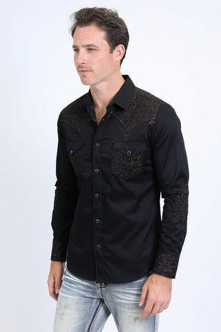 embroidery western shirt and buttons on the collar, pockets and sleeves is made from 100% cotton side profile