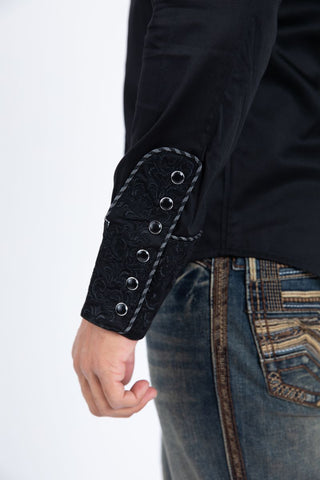 Platini Men's Cotton Black Embroidery Western Shirt