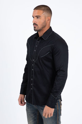 Platini Men's Cotton Black Embroidery Western Shirt