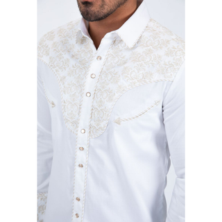 Men’s Platini White Western Dress Shirt – Embroidered Yoke Snap Button Long Sleeve