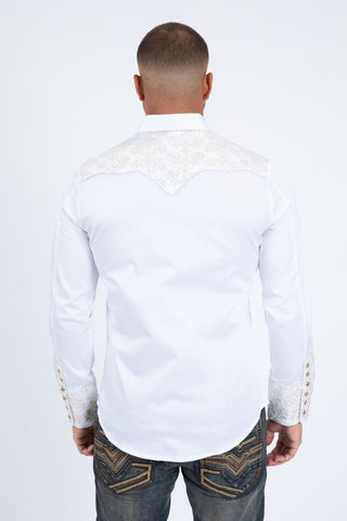 Men’s Platini White Western Dress Shirt – Embroidered Yoke Snap Button Long Sleeve