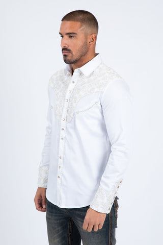 Men’s Platini White Western Dress Shirt – Embroidered Yoke Snap Button Long Sleeve