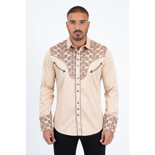 Platini Men's Cotton Khaki Embroidery Western Shirt