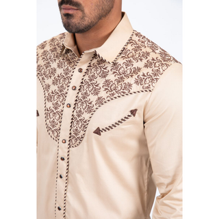 Platini Men's Cotton Khaki Embroidery Western Shirt