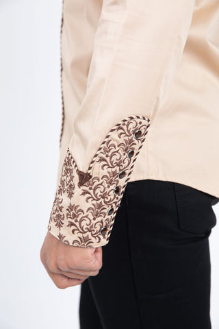 Platini Men's Cotton Khaki Embroidery Western Shirt