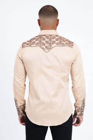 Platini Men's Cotton Khaki Embroidery Western Shirt