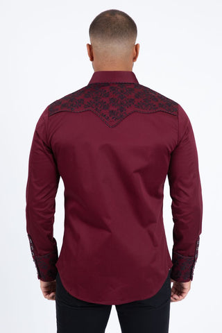 Platini Men's Cotton Burgundy Embroidery Western Shirt