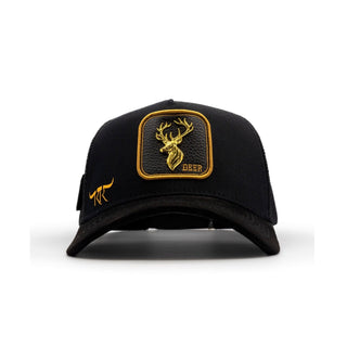Black cap with gold deer emblem on a white background