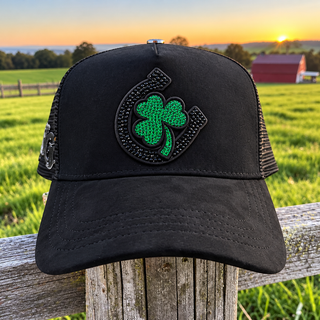JG Lucky Clover Horseshoe Black Trucker Hat