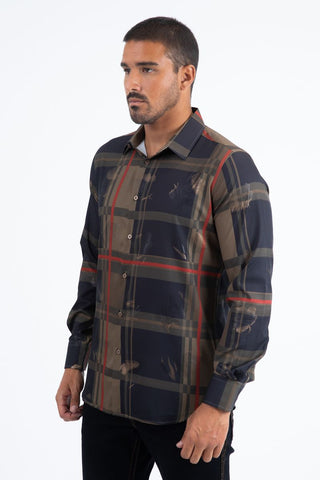 Mens Modern Fit Stretch Foil Fashion Shirt- Brown