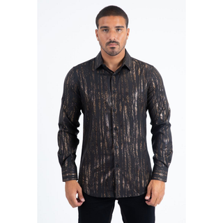 Men’s black modern fit stretch button-up fashion shirt with bronze metallic foil pattern and long sleeves