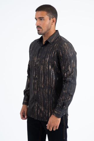 Men’s black modern fit stretch button-up fashion shirt with bronze metallic foil pattern and long sleeves