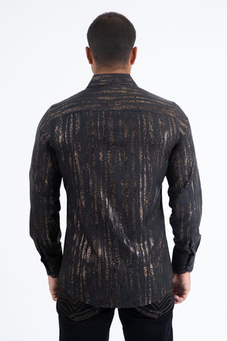 Mens Modern Fit Stretch Foil Fashion Shirt- Black