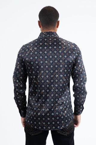 Mens Modern Fit Stretch Foil Fashion Shirt- Black