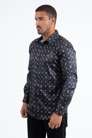 Mens Modern Fit Stretch Foil Fashion Shirt- Black
