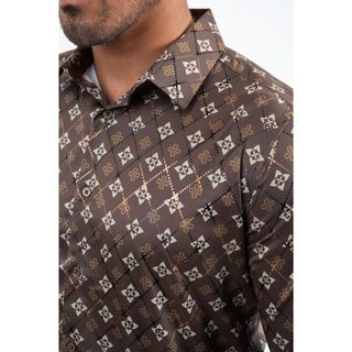 Mens Modern Fit Stretch Foil Fashion Shirt- Brown