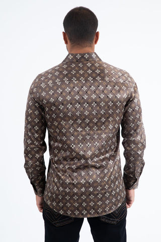 Mens Modern Fit Stretch Foil Fashion Shirt- Brown