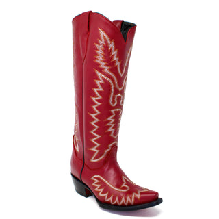 Front right angle of Rancher's Women’s Boot, with red Leather with 2 inch heel, Snip Toe Western Boot