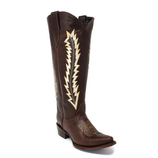 Front right angle of Rancher's Women’s Boot, with dark brown Leather with 2 inch heel, Snip Toe Western Boot