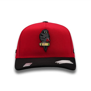 Front view of PERICO RED Snapback by BIGG BOSS with embroidered parrot holding rose and money