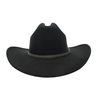 Front view of Sinaloa black forrada cowboy hat with braided hatband