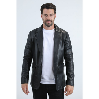 Front view of black genuine leather Western coat with button closure