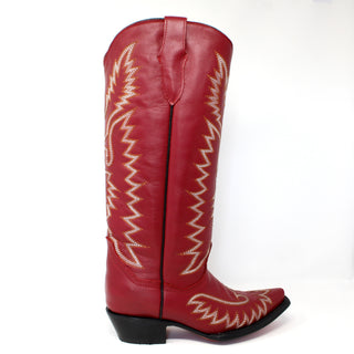 Full side view of Rancher's women’s Red cowboy boot with 16 inch embroidered shaft, 2 inch heel, and snip toe design