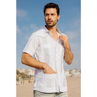 Men's Modern Fit Black GUAYABERA Shirt- White