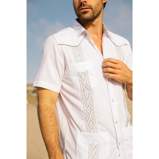 Men's Modern Fit Black GUAYABERA Shirt- White