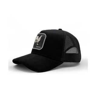 Black western mesh snapback hat featuring silver rooster emblem patch
