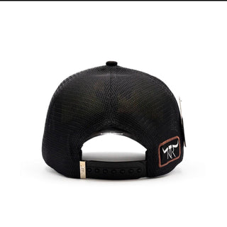Rear view of black trucker snapback hat with adjustable closure and King Ranch branding