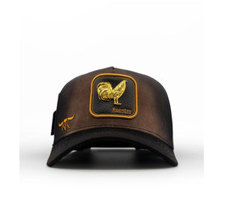 King Ranch black snapback hat with metallic gold rooster emblem patch