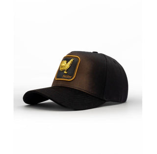 Black and gold western snapback hat featuring rooster patch detail