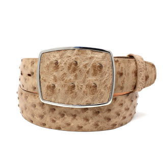 Genuine Mocha ostrich leather belt with polished silver rectangular buckle – premium Western accessory