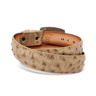 Mocha ostrich leather belt rolled with natural quill texture – luxury Western belt