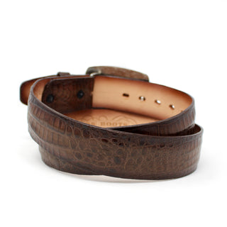 Chocolate brown caiman belly leather belt rolled with rich textured scales – luxury Western belt
