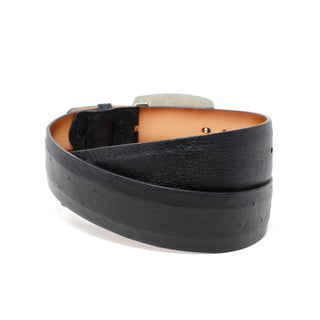 Smooth black ostrich leather belt rolled with natural quill texture – luxury Western belt