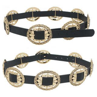Gold Western concho belt with black faux leather strap and antique engraved buckle – Southwestern style accessory