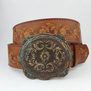 Floral Embossed Belt with Vintage Buckle