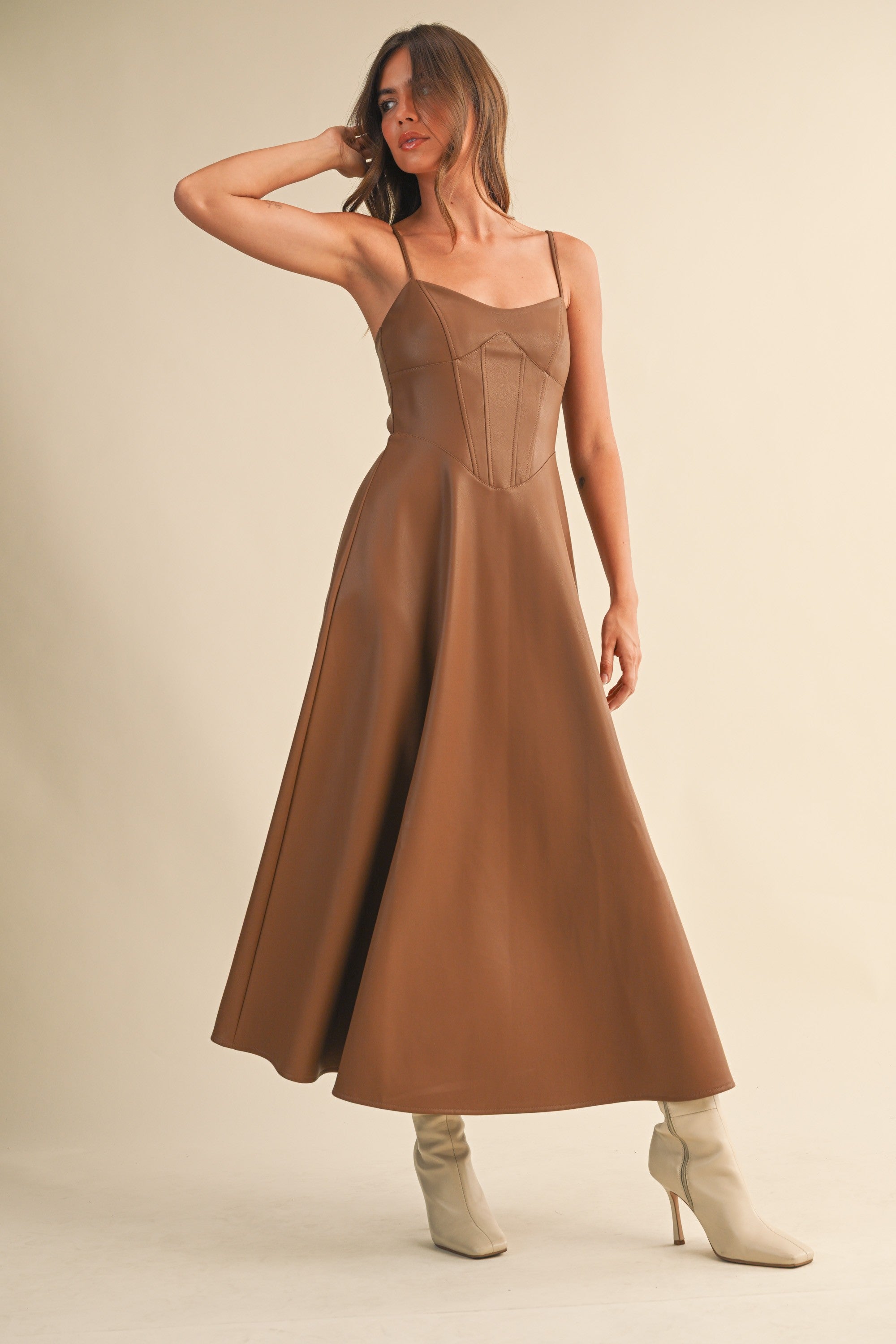 Faux Leather Corset A-line Dress - Brown Small Faux Leather Corset A-line Dress - Brown Small