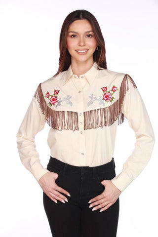 American West Cowgirl Embroidered Tassel Shirt - Beige