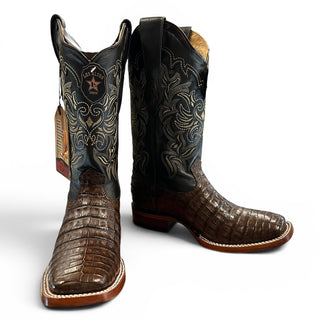 Los Altos Women's Caiman Belly Wide Square Toe Cowboy Boots - Brown