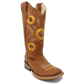 Mexcal Nobuck Sunflower Embroidered Square Toe Cowgirl Boots - Honey