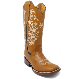 Mexcal Floral Embroidered Square Toe Cowgirl Boots - Honey