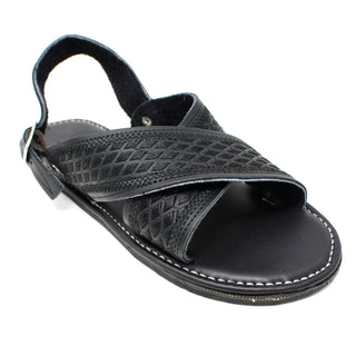 Handcrafted artisan Mexican black  with black stitching genuine leather huarache sandals featuring wide crossover leather straps, adjustable heel strap, open-toe design, and durable rubber outsole for everyday comfort.