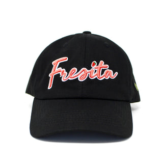 Front view of Black Fresita Dad Hat with embroidered red script and small strawberry detail on the letter i