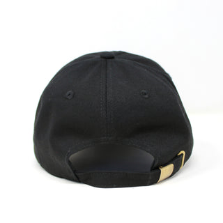 Rear view of adjustable black dad hat with metal clasp closure